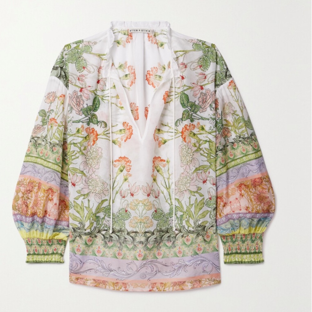 Alice + Olivia Julius Smocked Scarf Cotton and Silk Blend Blouse - Picture 5 of 10
